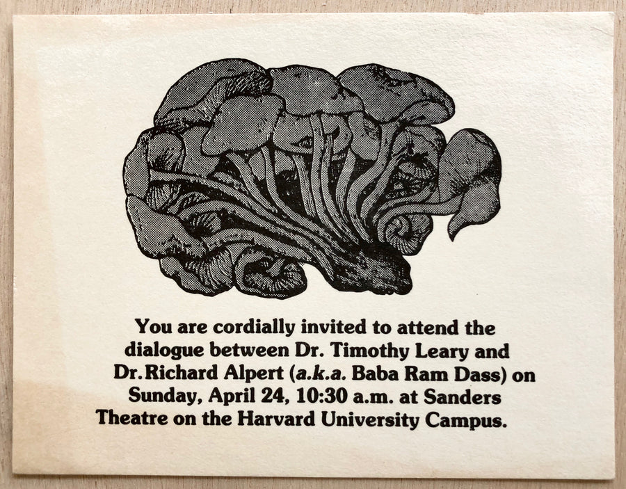 TIMOTHY LEARY / RAM DASS: LETTERPRESS INVITATION TO A CONVERSATION AT SANDERS THEATRE ON THE HARVARD UNIVERSITY CAMPUS, APRIL 24, 1983