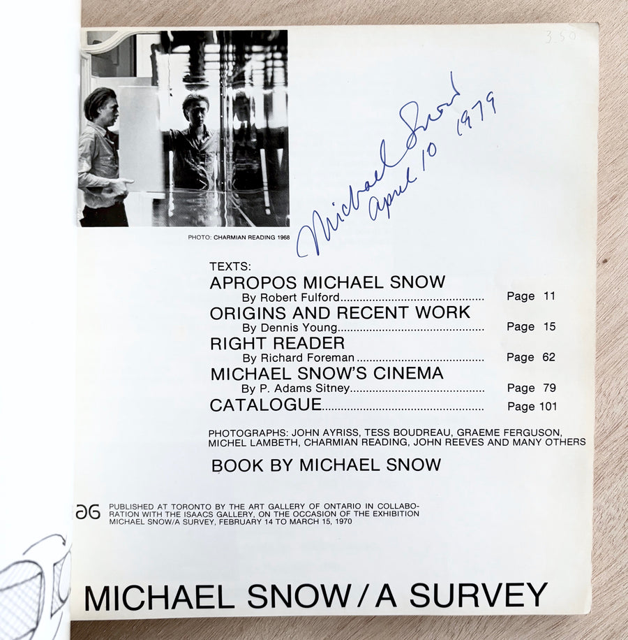 MICHAEL SNOW: A SURVEY with texts by Robert Fulford, Dennis Young, Richard Foreman, and P. Adams Sitney (SIGNED by Snow)