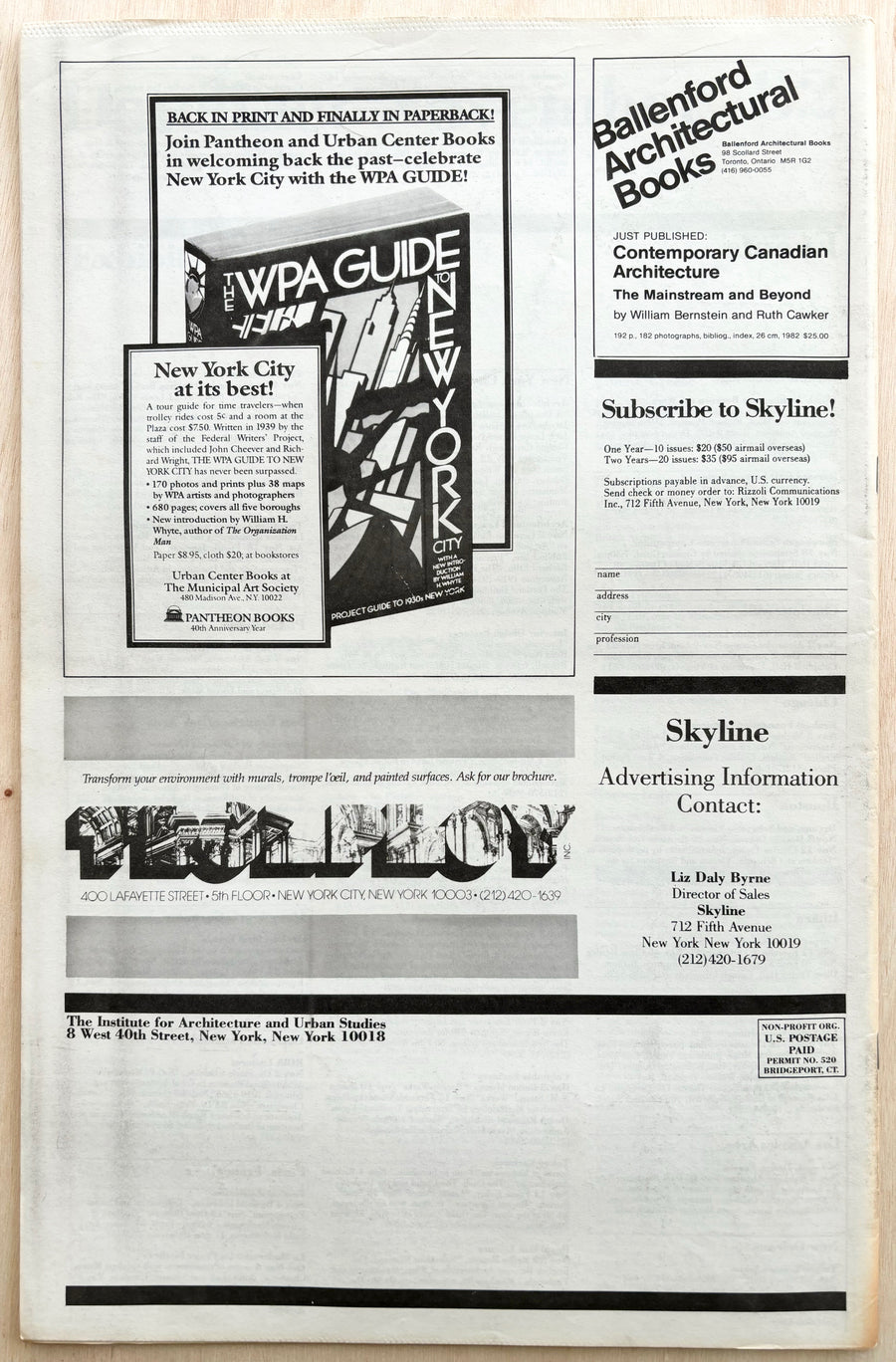 SKYLINE: THE ARCHITECTURE AND DESIGN REVIEW, NOVEMBER 1982, edited by Suzanne Stephens, designed by Massimo Vignelli and Michael Bierut