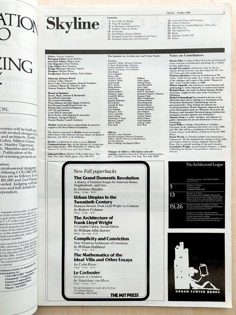 SKYLINE: THE ARCHITECTURE AND DESIGN REVIEW, OCTOBER 1982, edited by Suzanne Stephens, designed by Massimo Vignelli and Michael Bierut